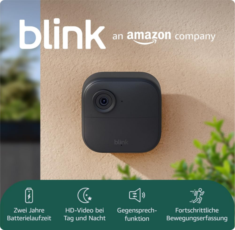 Blink-Kamera Outdoor 4 | Kabellose intelligente HD-Sicherheitskamera, zwei Jahre Batterielaufzeit, funktioniert mit Alexa | 1-Kamera-System mit enthaltenem Sync Module Core | IP65